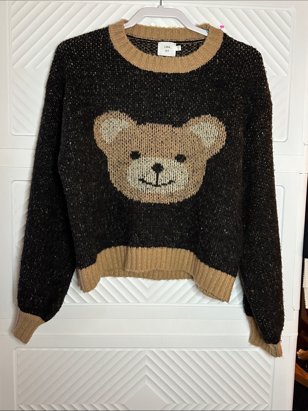 Anthropologie Black Sweater with Tan Bear Intarsia